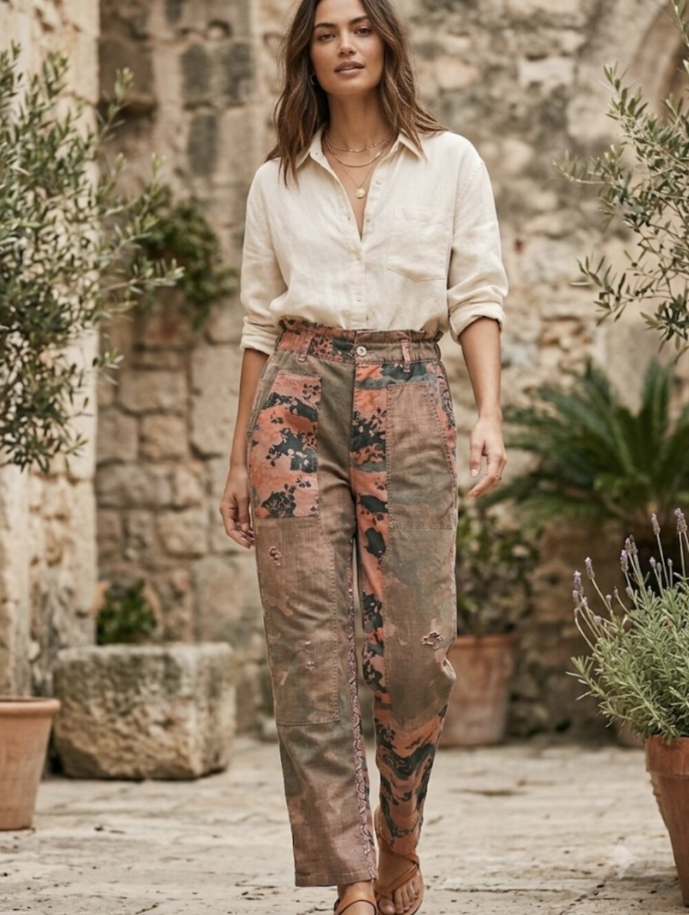 PILCRO Anthro Patchwork Floral Camo Mixed Media High Rise Pants Size 28